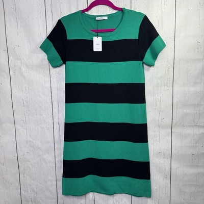 MNG Mango Green Black Striped Knit Dress Short Sleeve Career Office NWT Size S