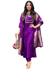 Women's Silk Blend Straight Embroidered Kurta with Pant  Dupatta