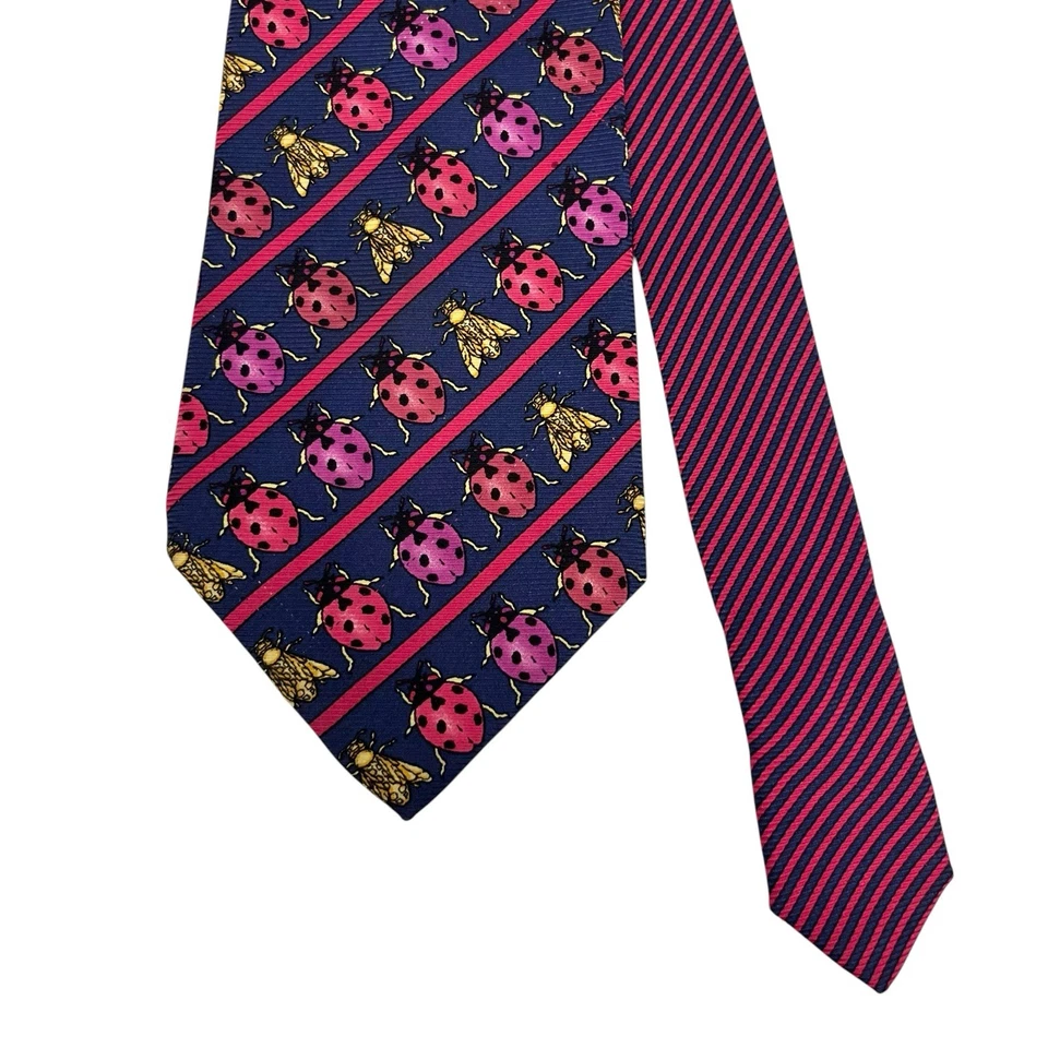 Corbata para hombre Gianni Versace de colección Ladybugs & Flies azul marino/rojo seda 4" (W) 57,5" (L) guc Foto 3 de 4