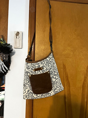 Myra Bag Gray Brown White Canvas Shoulder Bag, Zip Closure, Lined, Pockets