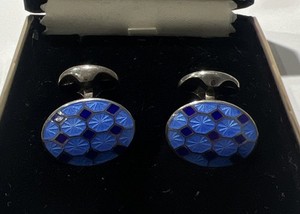 Boutons De Manchette Deakin & Francis En Argent Sterling - Émail Guilloché Bleu/vert - Poinçonnés - Parfait état