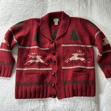 Suéter Vintage LL Bean Unisex Talla L100% Lana Verde Rojo Árbol de Navidad Reno
