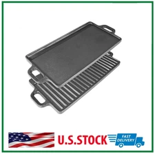 Heavy Duty Reversible Double Burner Cast Iron Grill Griddle 20 by 9 Inch Black