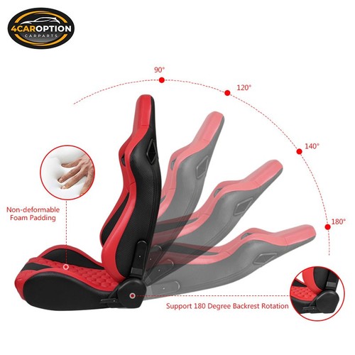 Pair Of Universal Honeycomb Racing Seats + Dual Slider Red Black PU Leather - Bild 5 von 7
