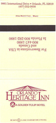Orlando Florida Heritage Inn Golden Tulip Hotel Vintage Matchbook Cover