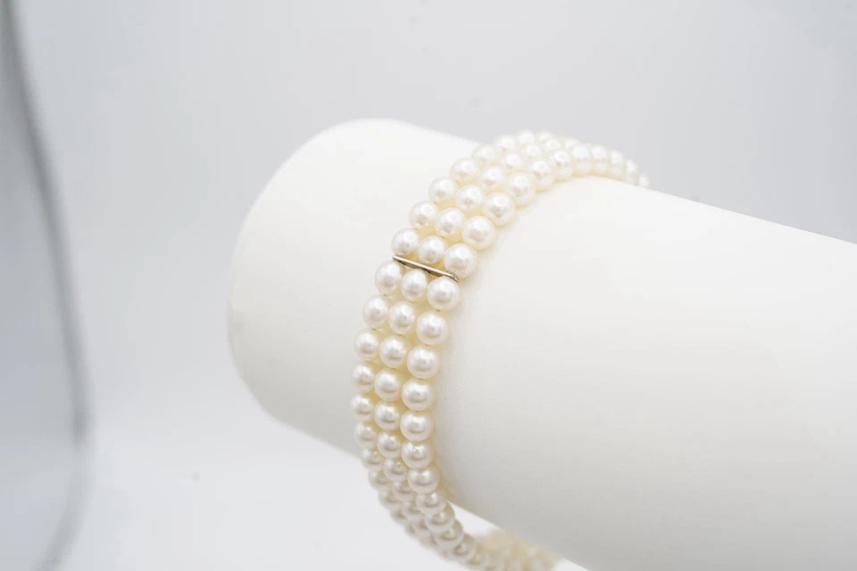 Triple Strand 4mm Akoya Pearl Bracelet. 7 Inches. Sapphire and Diamond Clasp. - Image 2 of 4