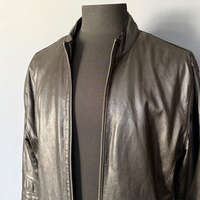Vintage 90s Armani Jeans Leather Cafe Racer Jacket | Sz 50 M | Black | Lambskin