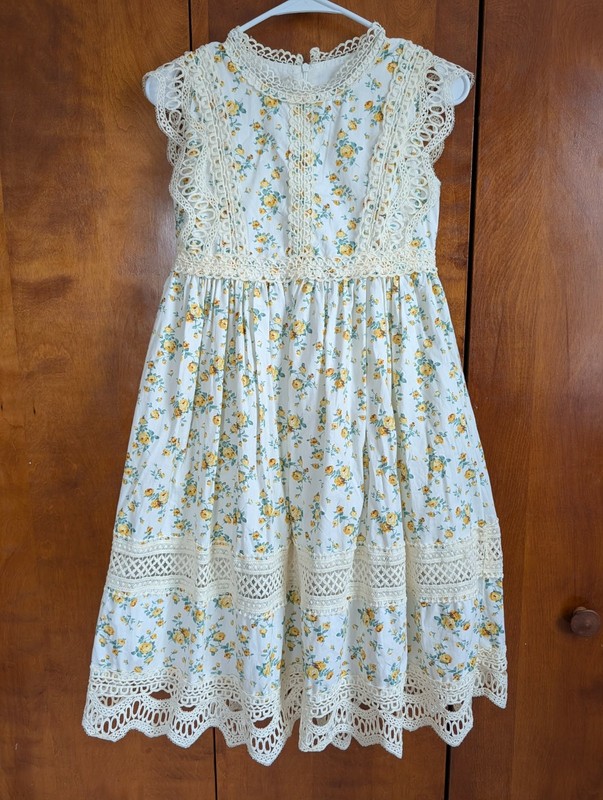 Trish Scully Yellow Cream Floral Lace Trim Boho Tea Party Dress Girl 12