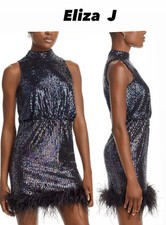 Eliza J Sequin Mock Neck Sleeveless Blouson Feather Trim Sheath Dress,Size 14