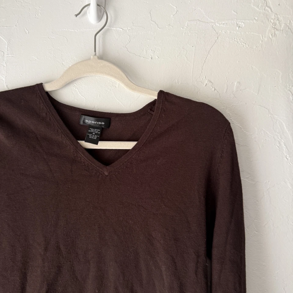 Suéter Spense Y2k Marrón Medio Cuello en V Mezcla de Seda Pullover Manga Larga Top Foto 2 de 4