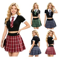 Women Schoolgirl Costume Naughty Outfits Short Sleeve Modern Plaid Clubwear Bar