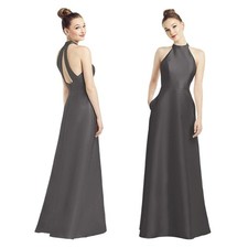 ALFRED SUNG High Neck Cut-out Back Gown with Pockets in Caviar Grey Size 2