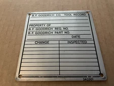 Vintage B.F. GOODRICH Tire Co Aluminum Metal Sign Tag TOOL RECORD Akron OH #17