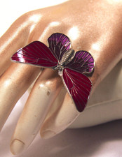 Womens Vintage Cerise Purple Butterfly Enamel Silver Tone Statement Ring Size P