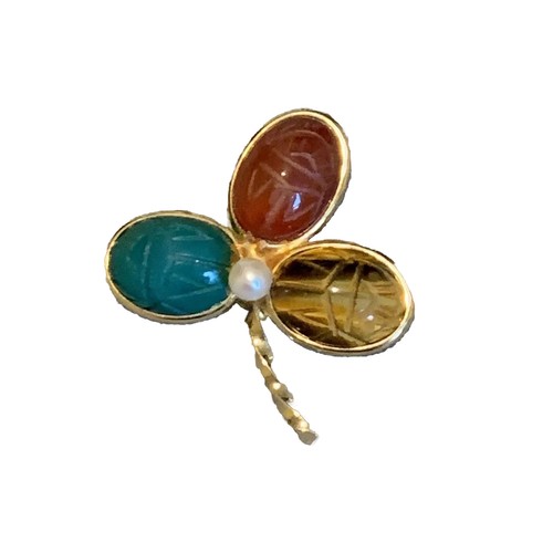 Vintage Pin Brooch Burt Cassell 1/20 12k GF Egyptian Scarab Stones Tigers Eye