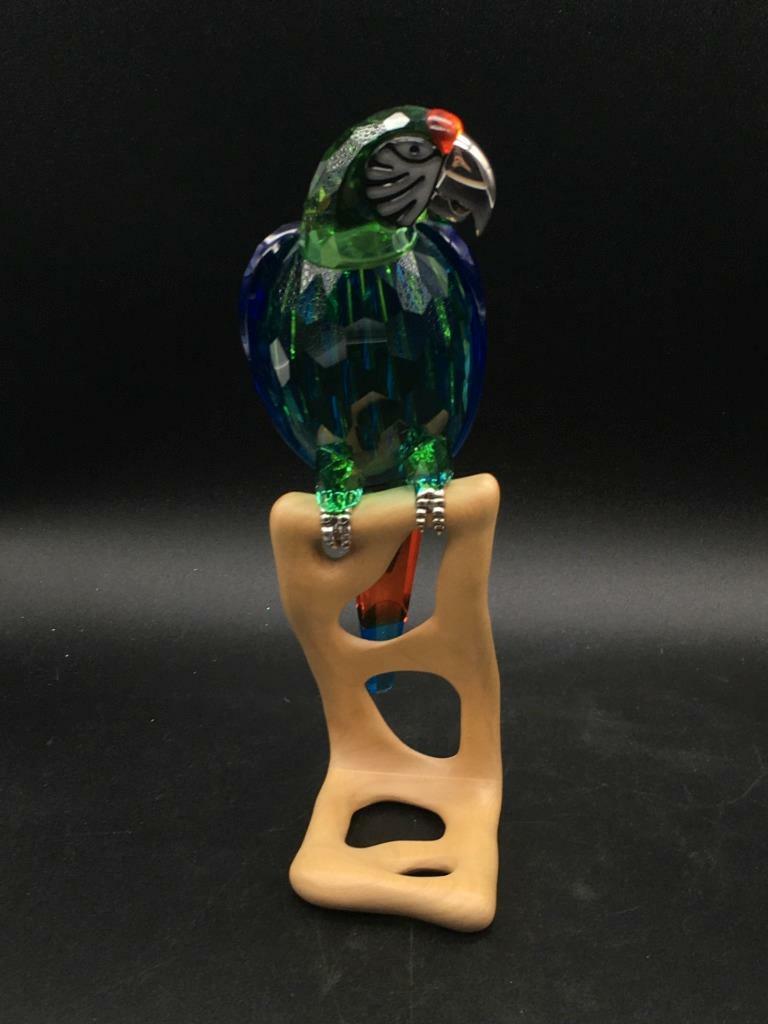 SWAROVSKI CRYSTAL GREEN MACAW PARADISE BIRD WOOD STAND FIGURINE