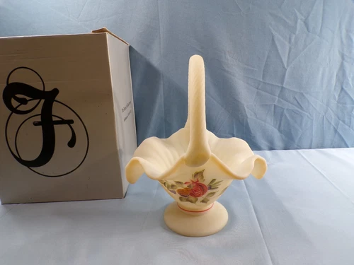 Fenton Hand Painted Satin Ivory Glass Basket w/ Pomegranate Fruits Design w/ Box
