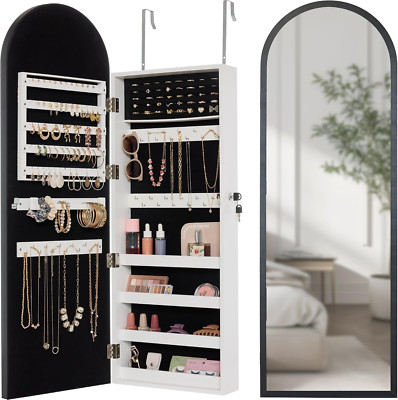 Black Arch Mirror Jewelry Cabinet - Lockable Wall/Door Organizer with Full-Lengt