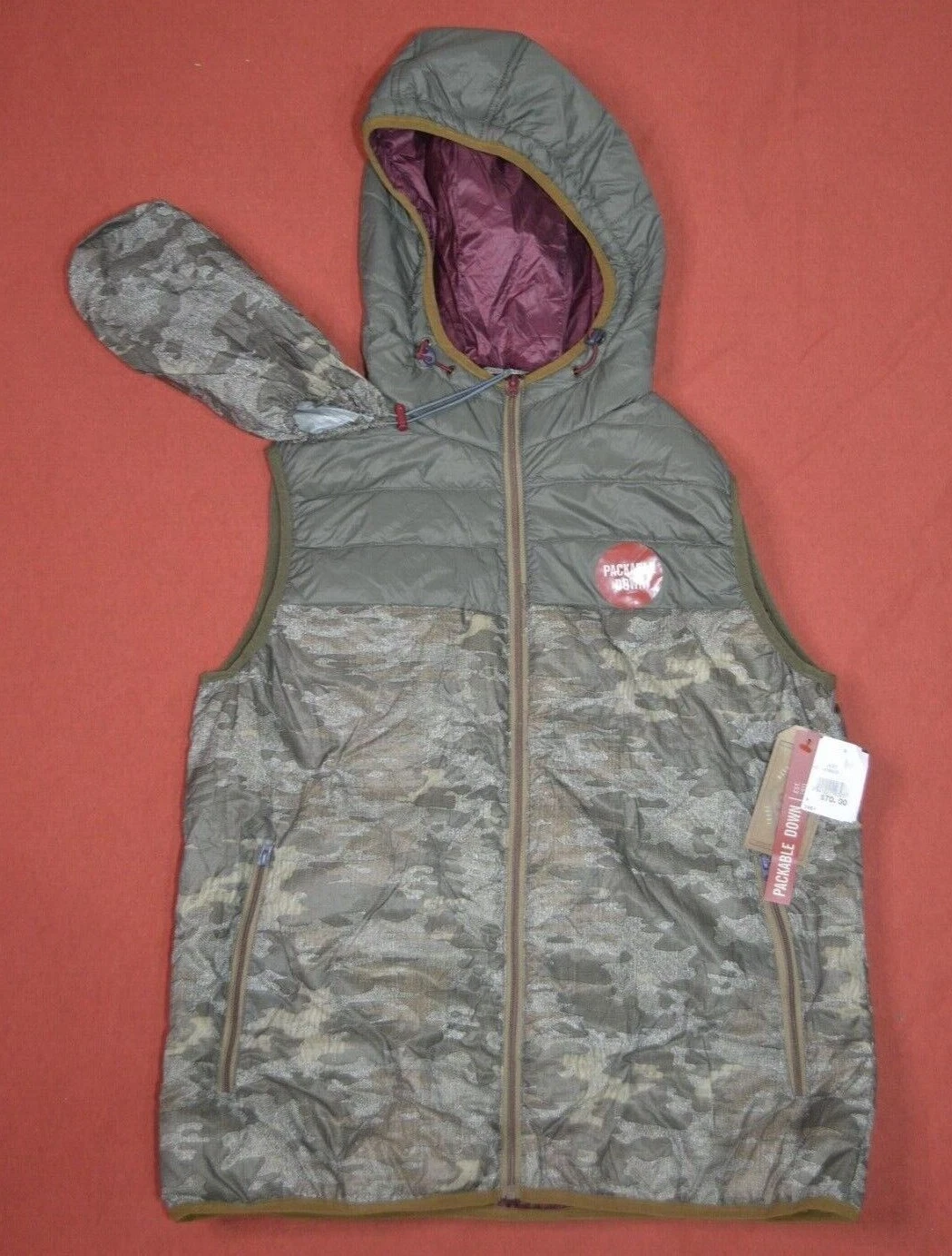 Red Camel Packable Down Hooded Vest Olive Medium NWT MSRP 70.00