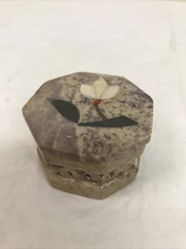VTG Fetco Soapstone Trinket Box Octagonal Shape Inlaid Flower Handmade