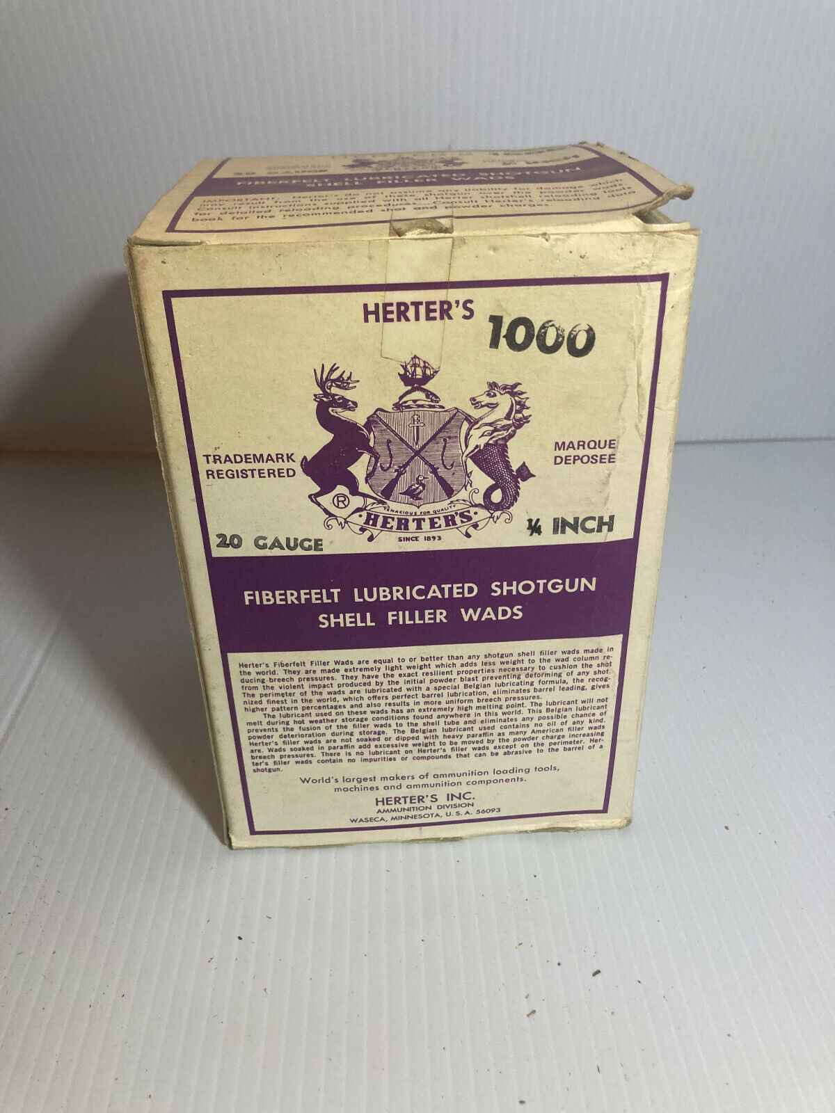 Rare Box Vintage Herter’s Fiberfelt Lubricated 20 Gauge Shotgon Wads *EMPTY BOX*