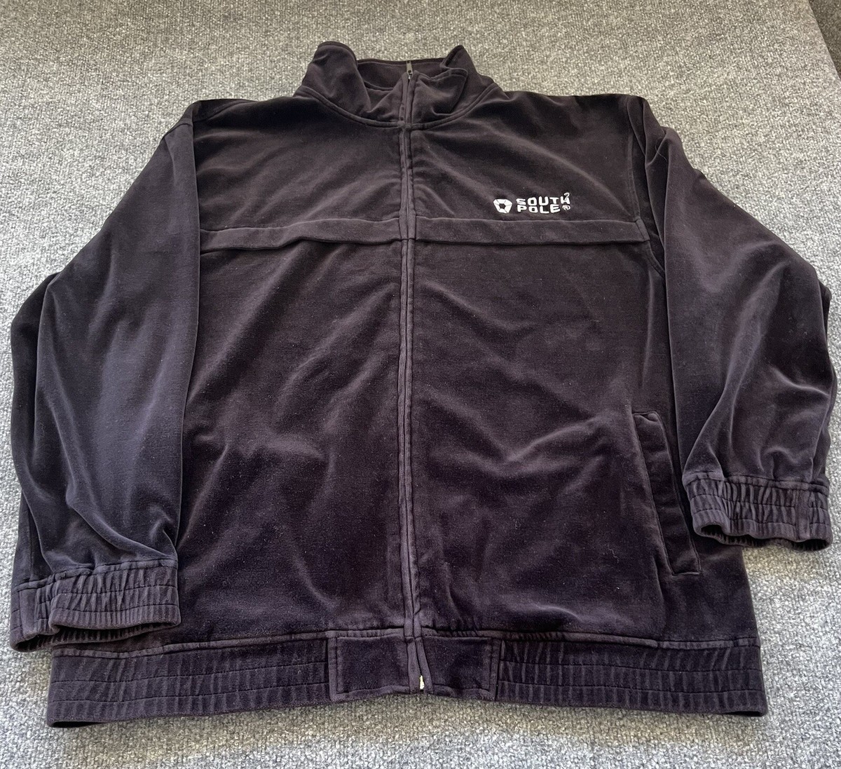 South Pole Mens XL Y2K Track Jacket Black Velour White Logo