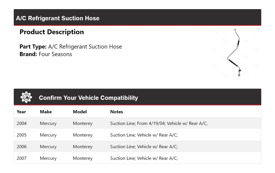 Manguera de succión de refrigerante aire acondicionado Mercury Monterey 2004-2007 4 estaciones 2005 2006 Foto 2 de 4