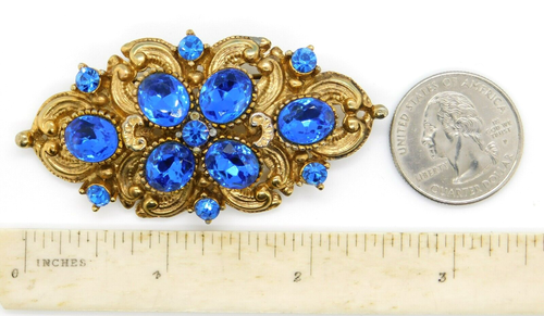 Victorian Revival Signed Costume Gold Tone & Faceted Blue Stone Brooch Pin - Picture 6 of 8
