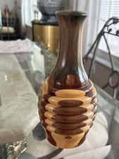 Artist Hand Carved Wooden Vase Multi Color Wood 9" Height Signed by Artist