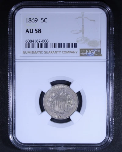 1869 Shield Nickel - 5c NGC AU58 - Nice Example!