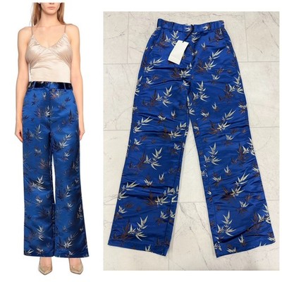 NWT $325 Women's Weili Zheng Blue Satin Brocade Wide Leg Trousers Size: Medium