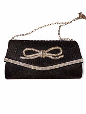 Black Glitter Rhinestone Bow Clutch Silver Ch...