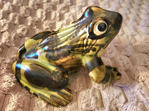 Vintage 1930s~Brush McCoy~Art Pottery~Frog Figurine~Handpainted~Garden Statue~5"