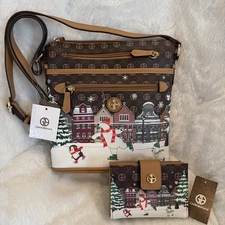 Giani Bernini Winter Holiday Bears Skating Hand Bag/Purse Wallet Bundle NWT