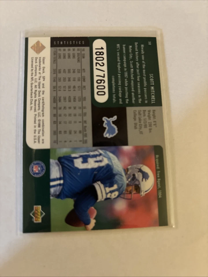 1998 Upper Deck SPx Finite - Scott Mitchell #30 1802/7600 - Image 2 of 2