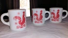 Vtg Hazel Atlas Platonite Milk Glass Red Rooster 3 Mug Coffee Cup Set Chicken
