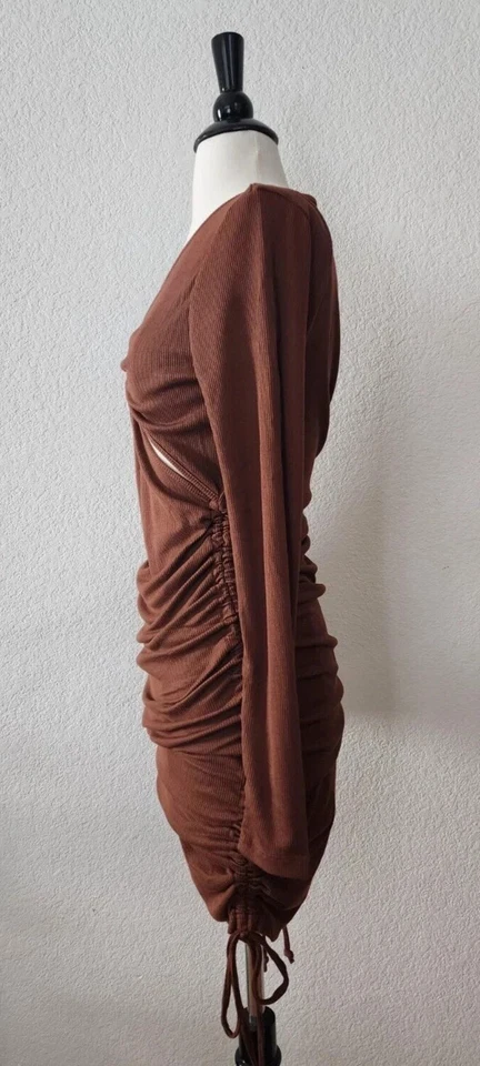 Urban Outfitters Dress New Size Large Brown Cut Out Ruched Sides Long Sleeve - Image 2 of 4