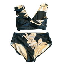 Albion Fit Tiger Lily Green Swim Bikini Set High Waisted Ruffles Size Small