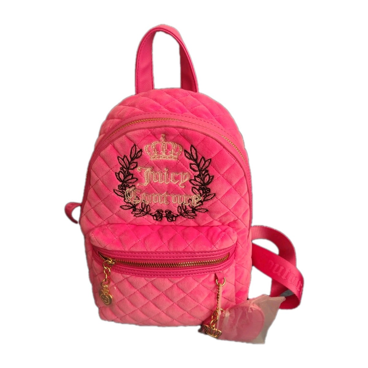 NWT 2026 Juicy Couture Hot Pink Velvet Logo on Backpack with Gold Accents Juicy Couture backpack pink and black main image 3