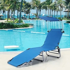 Foldable Lounge Chair Adjustable Outdoor Beach Patio Pool Recliner Blue W/ Sun