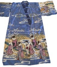 VTG JUGUEMM Kimono Robe Blue Geisha Pagoda Cherry Blossoms JAPAN 56 Long SEE