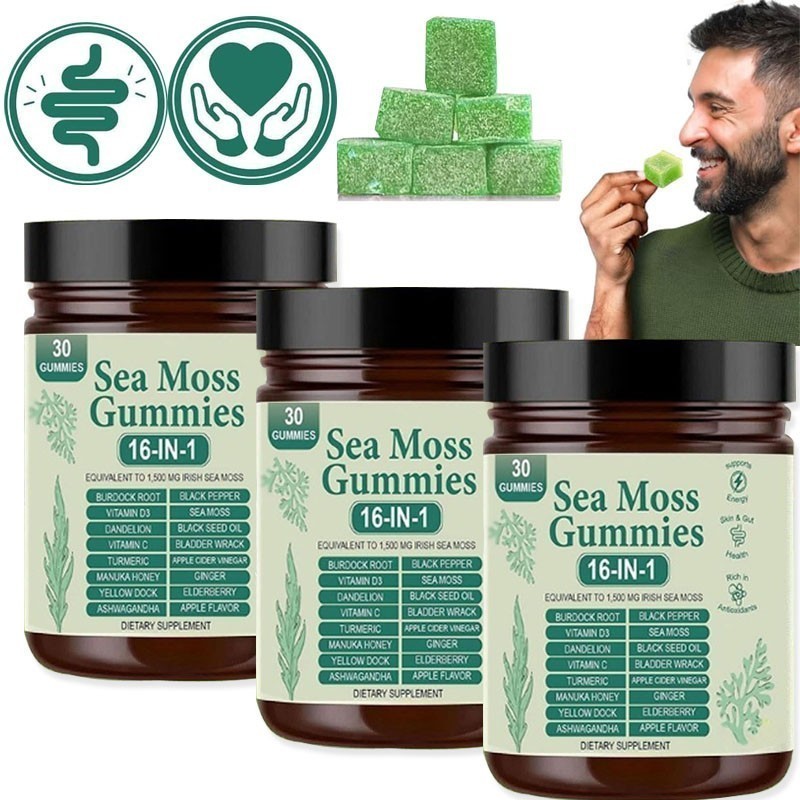 1-3 Pack of 16 in 1 Organic Sea Moss Gummy Irishmoss Extract 6000Mg Apple Flavor