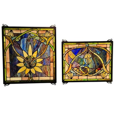 Meyda Tiffany ''Solstice'' Stained Glass Window Panels (2) Art Nouveau Sunflower