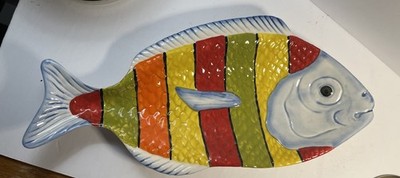 Fish Shape Serving Platter Pier 1 Imports Handpainted Stoneware 14  Colorful NWT