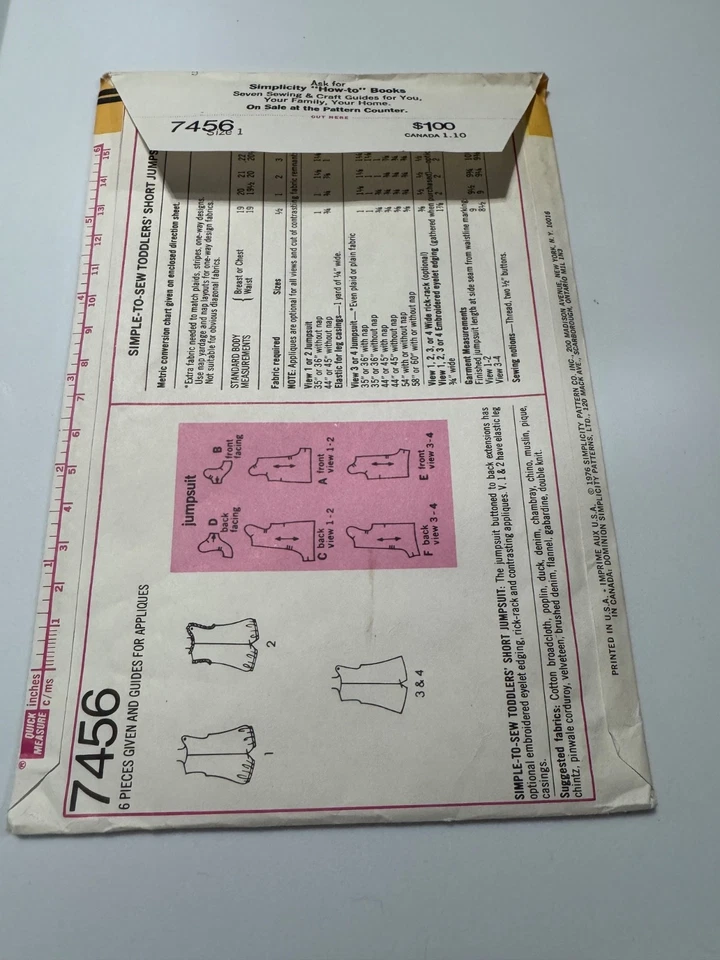 Vintage Simplicity Easy Children sewing Pattern 7456 Sz 1 Toddler Jumpsuit - Image 2 of 3