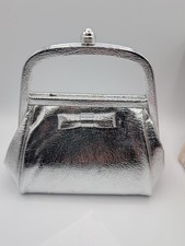 Vintage Silver Metallic Frame Top Handle Bag Clutch Purse Bow Detail Glam