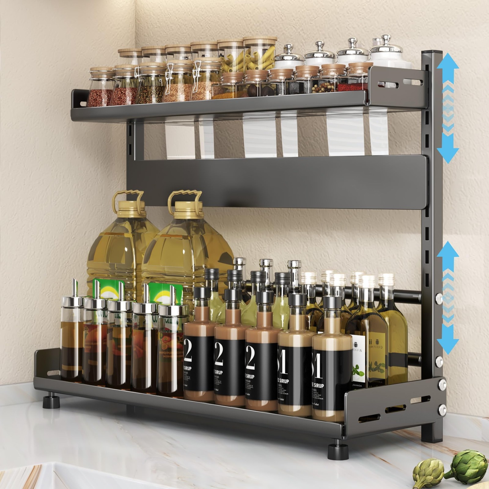 Spice Organization for Cabinet, 2-Tier Metal Height-Adjustable Kitchen Counte...