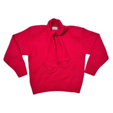 Vtg 80s Diversity Hot Pink Knit Sweater with Scarf Wool Angora Blend Womens M