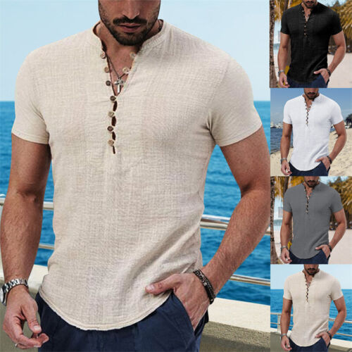 Mens Casual Short Sleeve Loose Blouse Cotton Linen Shirt Button Down Shirts Tops - Picture 1 of 15
