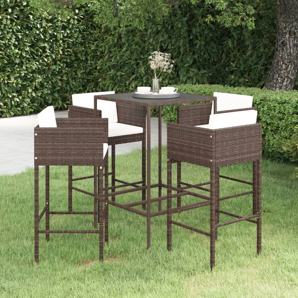 5 Piece Garden Bar Set with Cushions Poly Rattan Brown V2F0